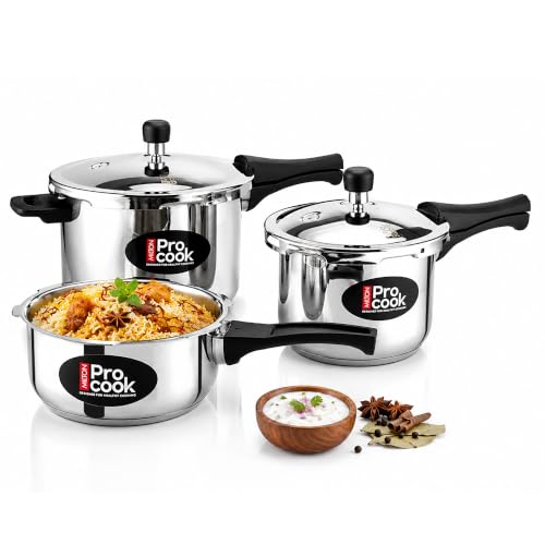 Image of Milton Pro Cook Induction & Gas Stove Friendly Stainless Steel Pressure Cooker Combo Set 2, 3, 5 Litre Capacity | Outer Lid | 3-Layer Sandwich Bottom Cookware Set | ISI Certified & 5 Year Warranty