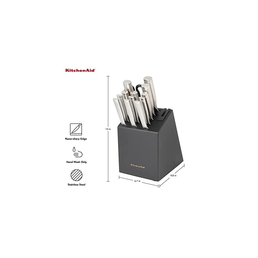 KitchenAid Gourmet Forged Stainless Steel Knife Block Set with Built-in Knife Sharpener, High-Carbon Japanese Stainless Steel Kitchen Knives, Sharp Kitchen Knife Set with Block, 14 Piece, Black