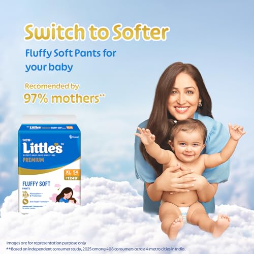 Image of Little's Premium Baby Diapers XL Size (Extra Large) Pants Style | 12-17 kg | 54 Count | Super Jumbo FluffySoft Baby Diaper with Leakage Guard, Wetness Indicator & 12 Hours Absorption (Pack of 2)