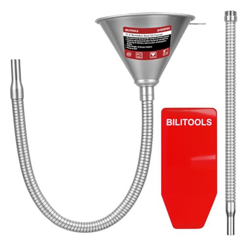 BILITOOLS 3pc Flexible Oil Funnel Kit, Spill-Free Steel System with Filter & Long/Short Hoses + Reusable Flexible Funnel for Automotive Use, Universal for Engine Oil, Transmission Fluid, Coolant