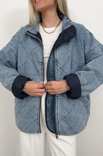 utcoco Women's Oversized Long Sleeve Denim Jacket Casual Loose Fit Zip Up Jean Quilted Jackets Coat with Pockets4