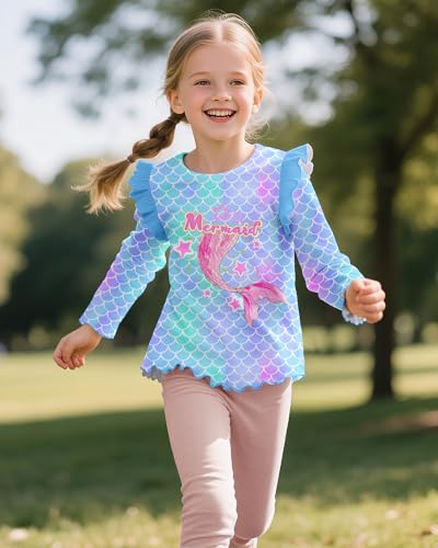 Image of Girls Long Sleeve Shirts Kids Crewneck T-Shirt Toddler Girl Unicorn Mermaid Ruffle Graphic Tees Fall Soft Tops 3-8 T