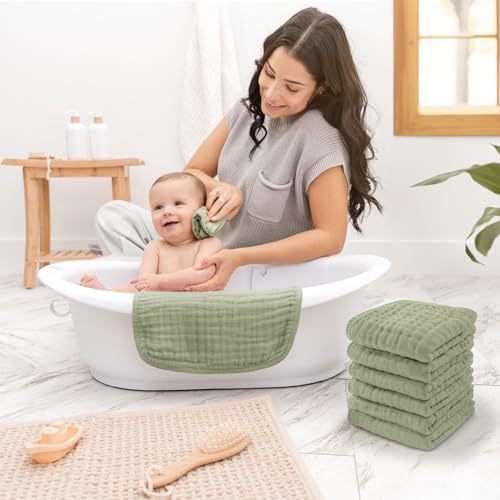 Image of Comfy Cubs Muslin Baby Washcloths 10 Pack - Soft 6-Layer Cotton Wash Cloths for Sensitive Skin - 10 inchx10 inch Large, Gentle, Absorbent Infant Essentials for Newborn and Toddlers - Sage