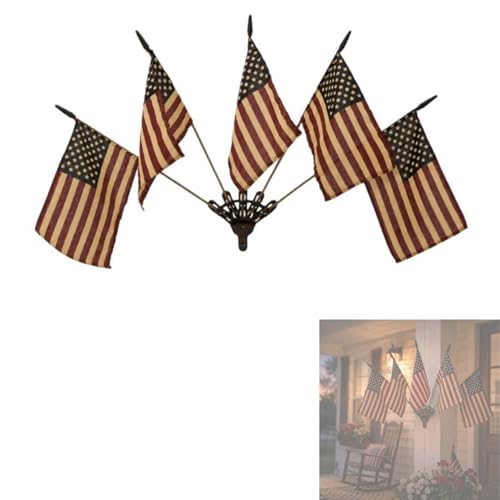 Five Tea-Stained American Flags Wall Display, Rustic Cast Iron Flag Holder with Vintage Mini Flags on Wood Sticks, Primitive Farmhouse Patriotic Wall Decor for Porch Entryway Home (1pcs)