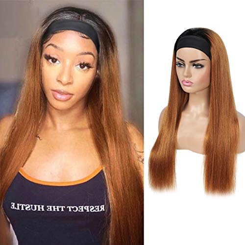 Straight Headband Wig for Black Women, Brown Color 100% Unprocessed Human Hair Wigs, Ombre Blonde Dark Root None Lace Front Wigs with Headband (14", 1B/30, Straight)