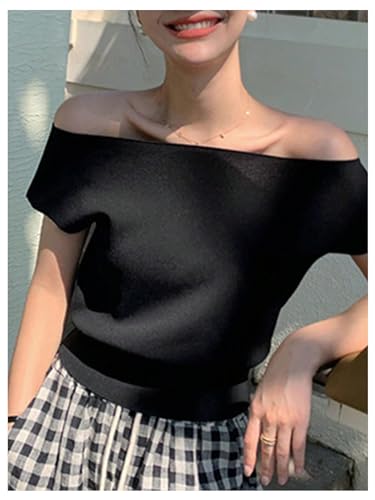 Image of WDIRARA Women's Off The Shoulder Tops Casual Short Sleeve Tunic T Shirts Lightweight Knit Sweaters