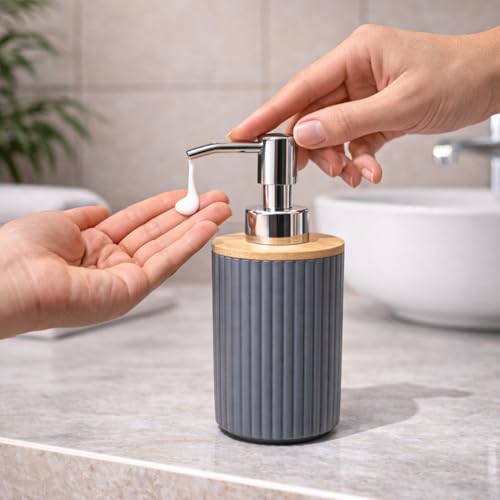 Image of MARKET 99 Bathroom Accessories Set of 4, Grey Plastic Bathroom Countertop Organizer with 350 ml Soap Dispenser, Toothbrush Holder, Tumbler & Soap Dish, Modern Vanity Bathroom Decor Set