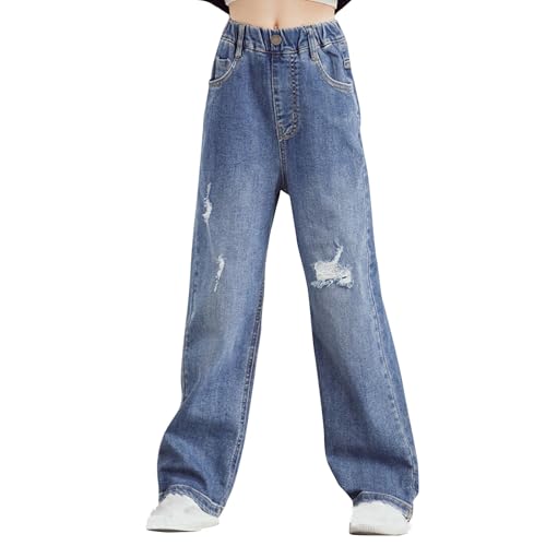 Girl's Asymmetrical Ripped Jeans Y2K Streetwear Elastic Waisted Wide Leg Straight Denim Pants with Pockets 2025 Trendy