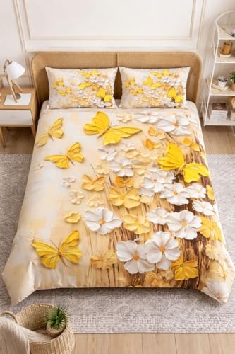 Image of Akshya King Size 7D Bedsheet 90x100 inches, Glace Cotton 300 TC Flat Bedspread for Double Bed with Large Pillow Covers Yellow Butterfly Cartoon Print