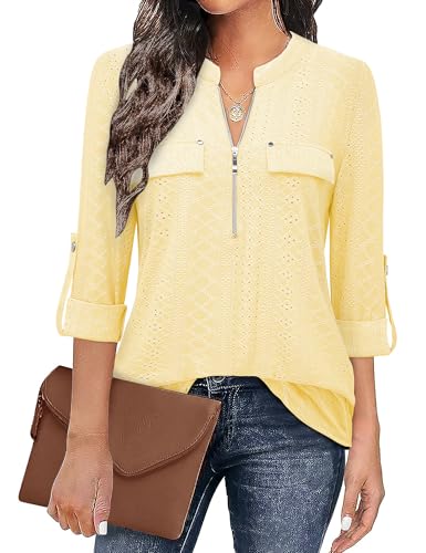 Image of Bulotus 3 /4 Length Sleeve Womens Striped Tops Zipper V Neck Collared Blouses Business Casual Tunics 2026 Spring Trendy
