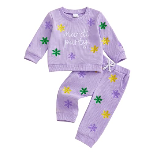 Image of Toddler Baby Boy Girl St Patricks Day Outfit Lucky Embroidery Waffle Long Sleeve Sweatshirt Pants Spring Clothes Set