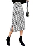 WDIRARA Women's Houndstooth Slit High Waisted Elegant Plaid Vintage Midi Skirt Black and White M