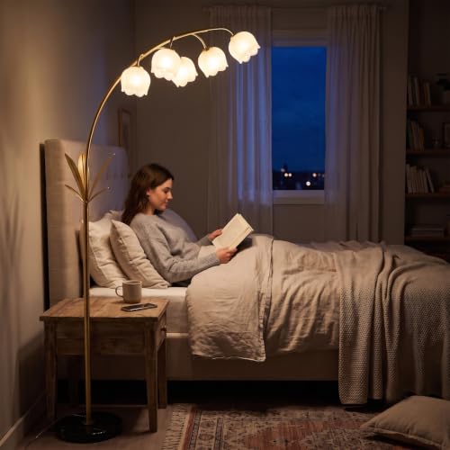Image of HMVPL Gold Floor Lamp for Living Room, Flower Floor Lamp with 5 G9 LED Bulbs, Foot Switch, Arc Tall Lamp with Acrylic Shade, Marble Base, Mid Century Standing Lamp for Living Room Corner Bedroom Home