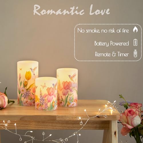 Image of LUSHARBOR Flameless Candles with Remote, Battery Operated Candles Real Wax Hummingbird Flickering LED Candles Floral Christmas Decor Electric Pillar Candles Set of 3