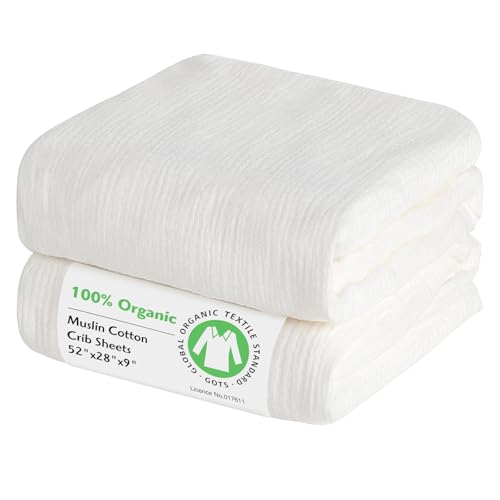 100% Organic Cotton Muslin Baby Fitted Crib Sheets 52x28 Inches 2 Pack White, Ultra Breathable and Soft Sheet Fits All Standard Crib Mattress Sheet Neutral Toddler Bedding for Baby Boys Girls