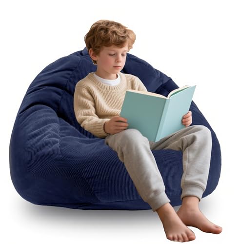 Memory Foam Bean Bag Chairs for Teens or Kids with Filling Bean Bag Sofa with Handle Super Soft Washable Corduroy Fabric Lazy Sofa 3 Foot Navy Blue