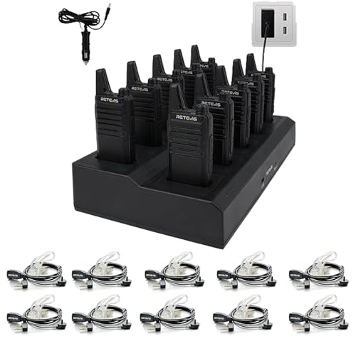 Image of Retevis RT22 Two Way Radio(10 Pack) with Walkie Talkies Earpiece(10 Pack), Rechargeable Walkie Talkies Long Range with 10 Way Gang Charger, Acoustic Tube Headset