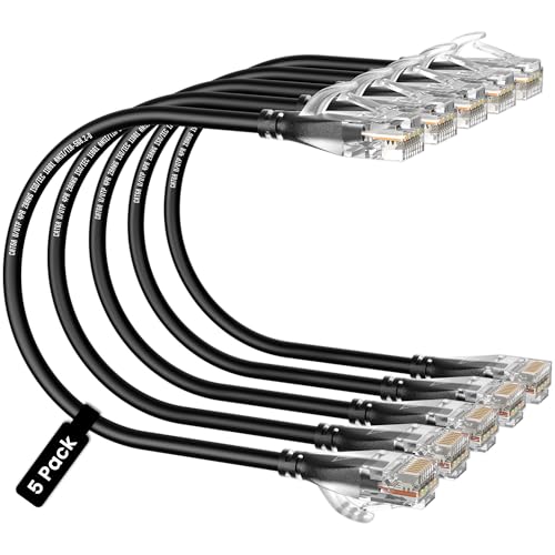 CableGeeker Cat6A Ethernet Patch Cable 3FT 5-Pack Black Slim Cat 6a Network Cable with 10Gbps Speed 550MHz Pure Copper 28AWG for High-Speed Internet Ethernet Cord
