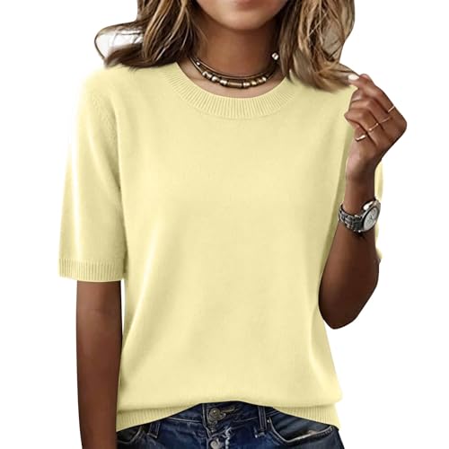 Generisch Damen Modedamen Kurzarm Pullover Frühling 2026 Mode Rundhalsausschnitt Strickshirt Elegant Leicht Kurzarm Pullover Frühling Sommer Slim Fit02-Gelb L02-Gelb L