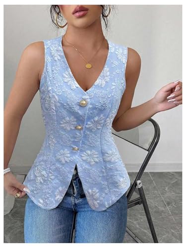 SHENHE Women's Summer Pearl Button Up Sleeveless Floral Textured Long Vest Dressy Top4