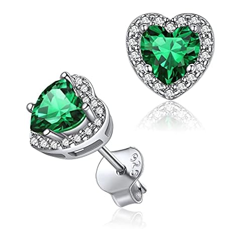 Simulated Emerald May Heart Birthstone Earrings For Women Sterling Silver Halo Earring Studs Jewelry Cover