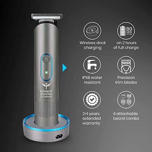 Image of Bombay Shaving Company Gift Set For Men | Men Trimmer & Veleno Perfume Gift Set For Men | Father Day Gift For Dad, Gifts for men | USB 2X Fast Charging Dock, 2 Yr warranty, 80Min runtime, Hair Trimmer, Shaving Machine, Beard, T Blades, 2X Fast Charging, USB Pod & Stand, Waterproof (Grey)