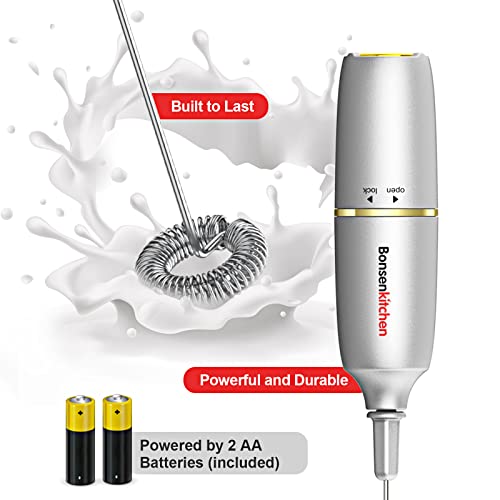 Image of Bonsenkitchen Electric Milk Frother Handheld, Portable Whisk Milk Foam Maker with Stainless Steel Stand, Battery Operated Drink Hand Mixer for Coffee, Matcha (Upgraded Silver)