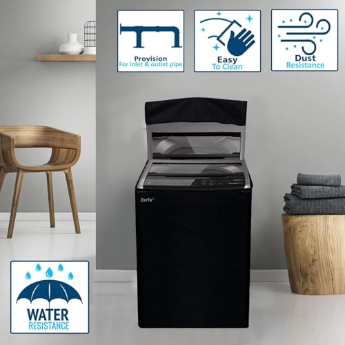 Image of Zerfa Waterproof, Dust-Proof, Sun-Proof Top Loading Fully Automatic Washing Machine Cover Fit and Suitable for all Brand Universal Cover - Black (Dimension - 63 x 63 x 93 CM)