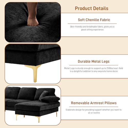 Image of OUYESSIR 112 inch Cloud Sectional Sofa with Extra Deep Seat,U Shaped Sectional Couches for Living Room,4 Seater Chenille Sofas & Couches,Modern Apartment Couch with Double Chaise Lounge, Black