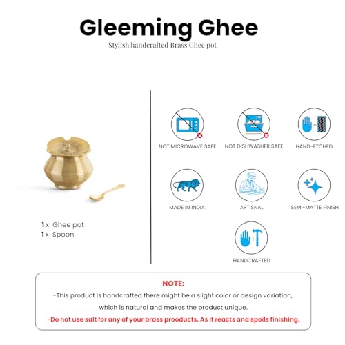 Image of ExclusiveLane 'Gleeming Ghee' Brass Ghee Pot With Spoon (100% Pure Brass, Hand-Etched, 380 ml) | Ghee Storage Jars for Kitchen Gheee Pot with Lid Gheee Dabba Dani