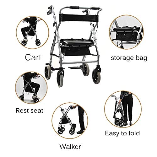 Andador portátil Plegable con reposapiés Desmontables, Andador, Silla de Ruedas con Asiento, 4 Ruedas para Interiores y Exteriores.