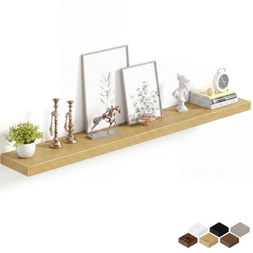 Image of Fun Memories 55Inch Long Floating Shelves, 8 Inch Deep Shelves for Bedroom|Living Room, Wall Mounted Wood Hanging Shelf with Invisible Brackets for Fireplace Mantel Home Storage Decor, Oak - 1 Pack