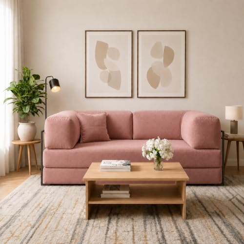 Image of 3 Seater Sofa Cum Bed with Soft Foam & Premium Velvet Fabric | Foldable Convertible Sofa Bed | Sturdy Metal Frame | Comfortable Cushions | Pre-Assembled | Rose Pink