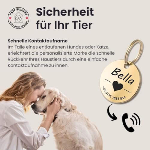Hundemarke mit Gravur - Personalisiert - Edelstahl - ⌀30mm - Gold - Namensschild für Halsband - Dog Tag - Anhänger Marke für Hunde - mit Symbolauswahl - Tiermarke für Hunde, Katzen, Welpen, Pferde