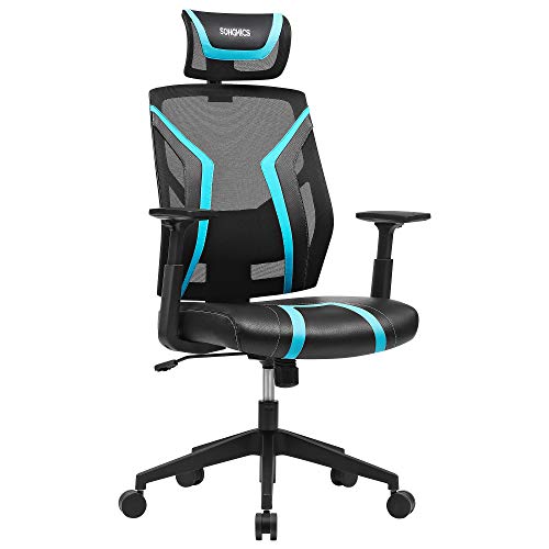 Preisvergleich Produktbild SONGMICS Bürostuhl, ergonomischer Drehstuhl, neigbar, verstellbare Kopfstütze, Armlehnen und gepolsterte Lendenstütze, Gamingstuhl, bis 120 kg belastbar, schwarz-blau OBN059B01