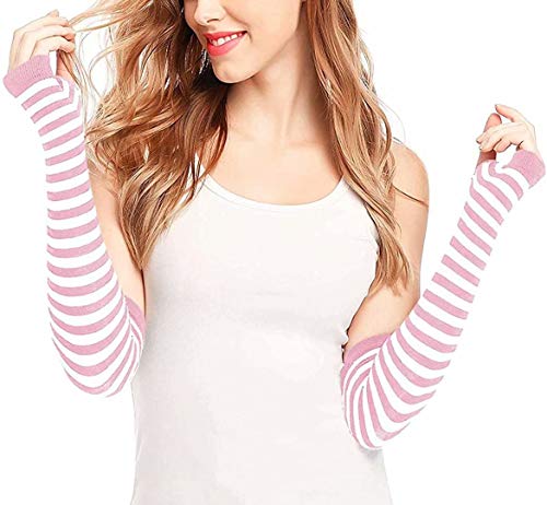 Image of Women's Long Knitted Fingerless Gloves Thumbhole Stretch Arm Warmers | Stretchy soft knitted arm warmers for women, comfortable thumbhole design, ideal daily winter hand sleeve accessories