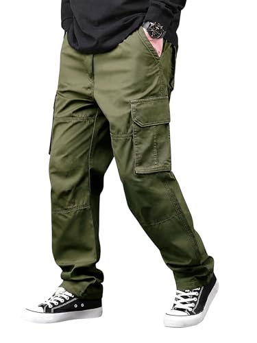 Image of Men's Cotton Cargo Pants for Men | Relaxed Loose Fit Drawstring Waist Cargo Trousers | Multi Pocket Casual Utility Pants for Outdoor, Travel
