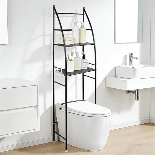 Kedia - Mueble de baño, almacenamiento de 3 niveles, estante para inodoro independiente de metal, almacenamiento por encima del inodoro, apto para la mayoría de los inodoros (47 x 25 x 166 cm, negro-D