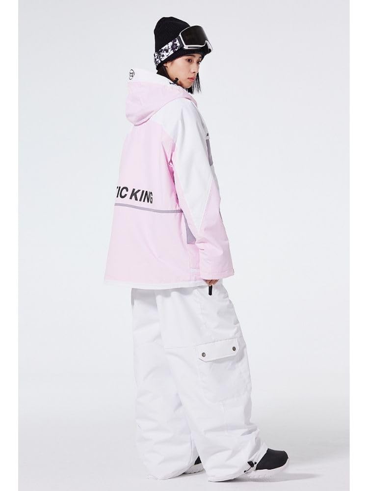 xwxwseui Insulated Baggy Ski Suits for Men Women Cargo Pocekets Snow Jacket & Bibs Set Waterproof Colorblock Snowboard Suit (Pink+White, L)