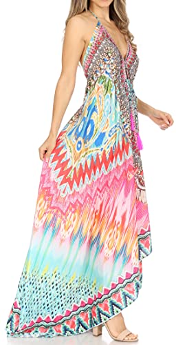 Image of Sakkas Lizi Womens Maxi High-Low Halter Handkerchief Long Dress Beach Party