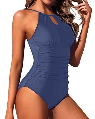 Holipick Navy Blue Women One Piece Swimsuit Tummy Control Bathing Suits High Neck Halter Swimwear For Teen Girls S(Us 4-6) #TOP2