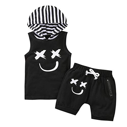 Newborn Baby Boy Sleeveless Hooded Top Vest T-Shirt & Short Set Toddler Boy Outfit Summer Clothes Tracksuit Sweatsuit (Smile Black, 3-4 T)