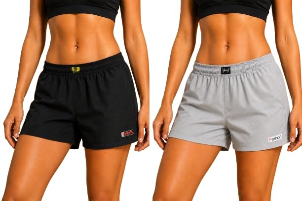 Women's Sports Running Shorts Pack of 2 Quick Dry Shorts with Elastic Waistband Casual Gym Workout Yoga Training Shorts for Women Black & Grey-picture-46