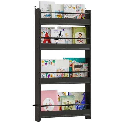MAHANCRIS Kids Bookshelf, 4-Tier Wall Mount Bookshelf for Kids, Behind The Door Bookshelf, Hanging Book Shelf for Kids Room, Playroom, Bedroom, Living Room, Black KBBK7601