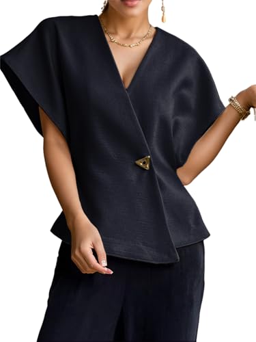 Womens Trendy V Neck Blazer Tops Elegant Dressy Waistcoat Chunky Single Button Cap Sleeve Causal Slim Fit Blouse Black