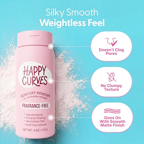 Image of HAPPY CURVES Comfort Powder: Talc Free Anti Chafe Body & Foot Dusting Powder Deodorant to Control Inner Thigh Chafing, Private Areas, and All Over Body for Women (4 Ounce (Pack of 1), Fragrance-Free)