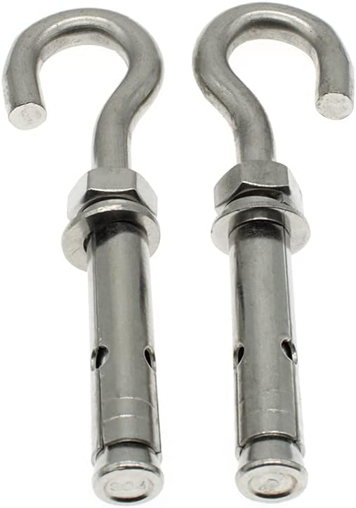 2Pcs Expansion Hook M8 Open Heavy Duty Expansion Screw Hook Anchor Bolt Cup Concrete Brick Hook 304 Stainless Steel (No Spring Buckle)