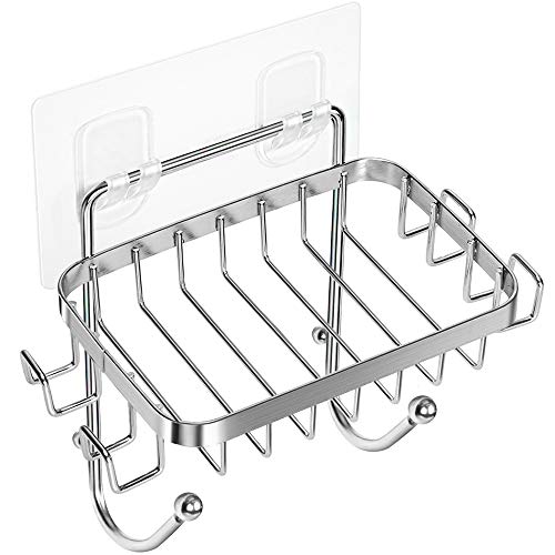 ODesign Wall-Mounted Soap Dish Holder with 6 Hooks for Bathroom and Kitchen - No Drilling Required, Silver - 1 Pack