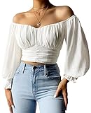 MIRACMODA Woman Off Shoulder Ruched Tie Back Lantern Sleeve Crop Tube Top Chiffon Blouse