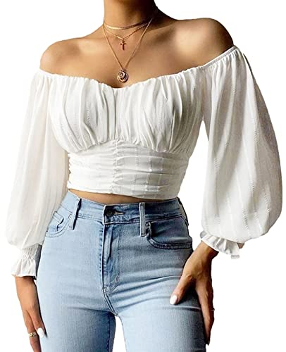 MIRACMODA Woman Off Shoulder Ruched Tie Back Lantern Sleeve Crop Tube Top Chiffon Blouse